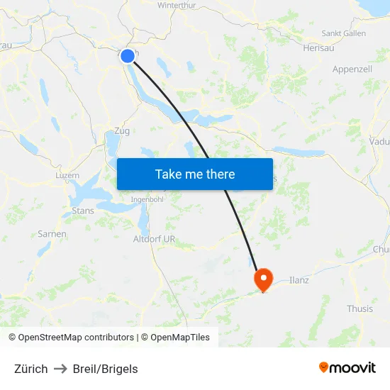 Zürich to Breil/Brigels map
