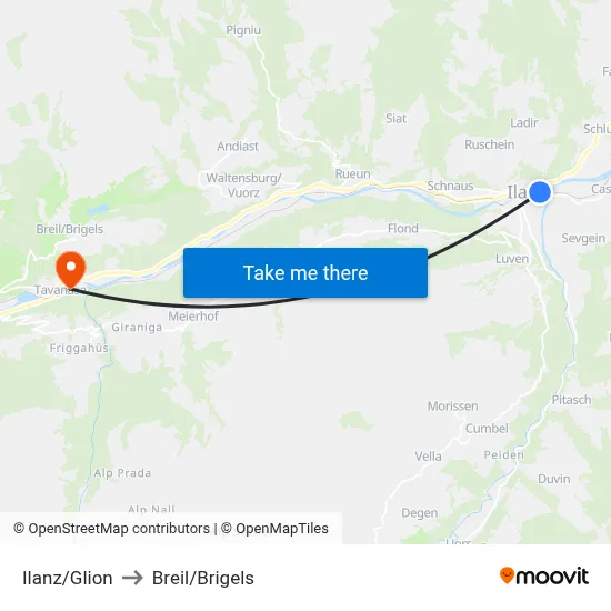 Ilanz/Glion to Breil/Brigels map