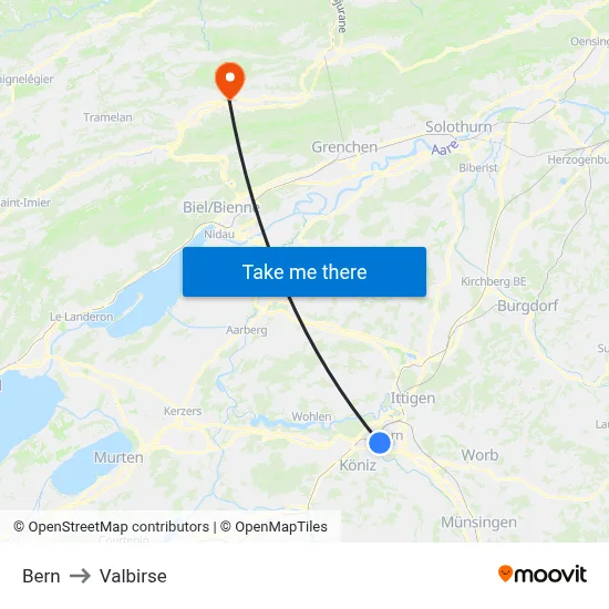 Bern to Valbirse map