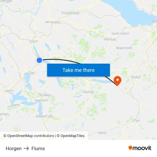 Horgen to Flums map