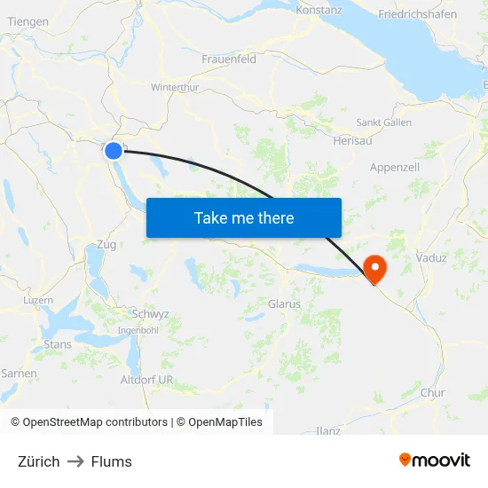 Zürich to Flums map