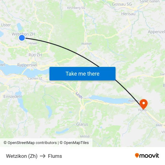 Wetzikon (Zh) to Flums map