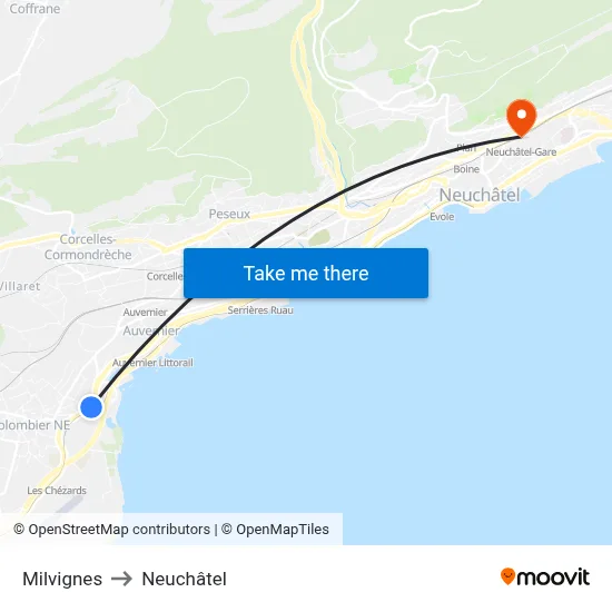Milvignes to Neuchâtel map