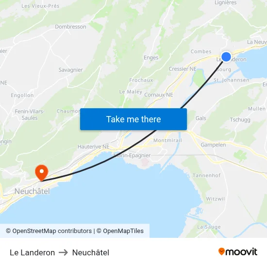 Le Landeron to Neuchâtel map