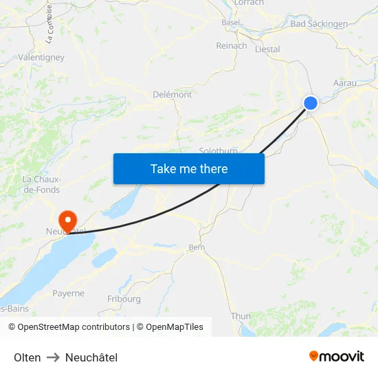 Olten to Neuchâtel map