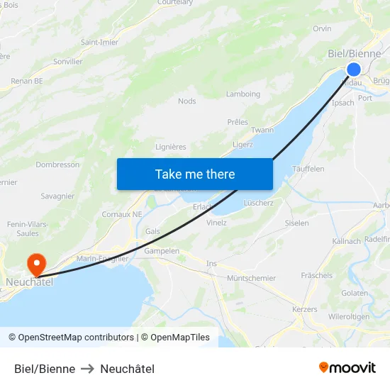 Biel/Bienne to Neuchâtel map