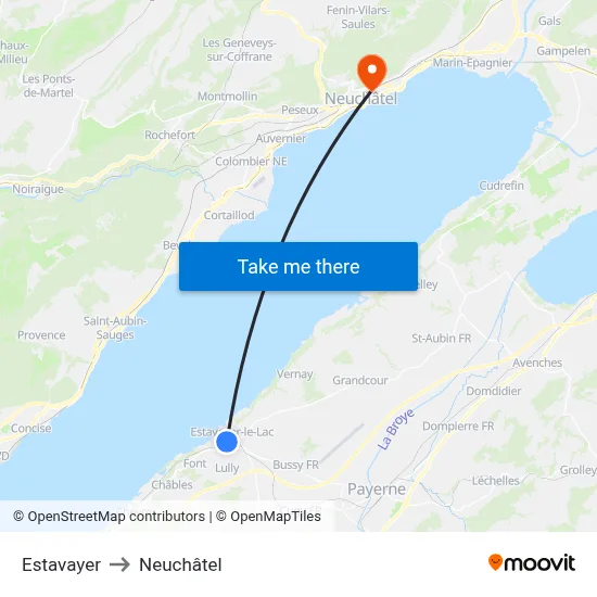 Estavayer to Neuchâtel map