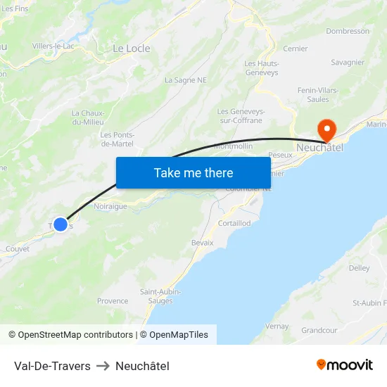 Val-De-Travers to Neuchâtel map