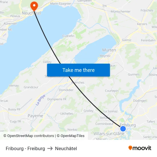 Fribourg - Freiburg to Neuchâtel map
