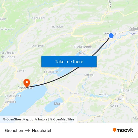 Grenchen to Neuchâtel map