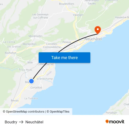 Boudry to Neuchâtel map