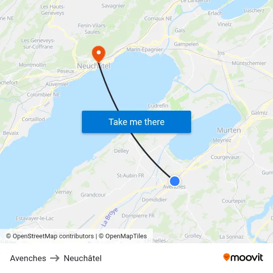 Avenches to Neuchâtel map