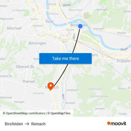 Birsfelden to Reinach map