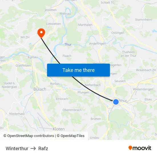 Winterthur to Rafz map