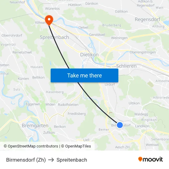 Birmensdorf (Zh) to Spreitenbach map