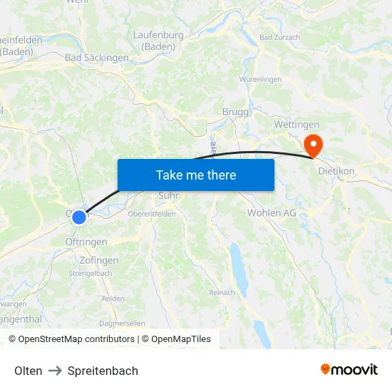Olten to Spreitenbach map