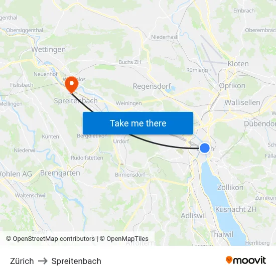 Zürich to Spreitenbach map