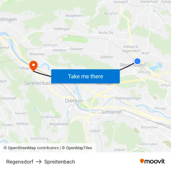 Regensdorf to Spreitenbach map