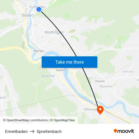 Ennetbaden to Spreitenbach map