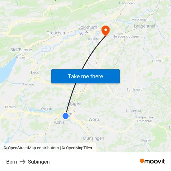 Bern to Subingen map