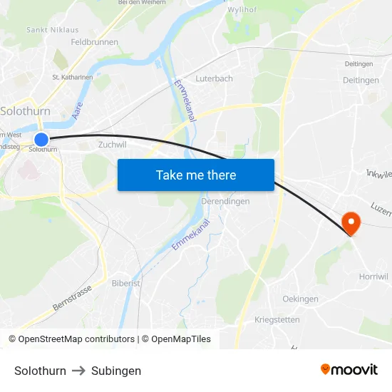 Solothurn to Subingen map