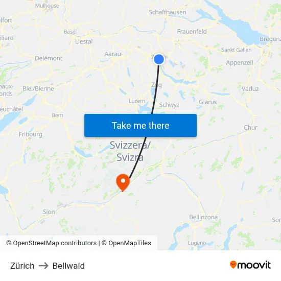 Zürich to Bellwald map