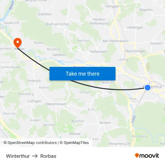 Winterthur to Rorbas map