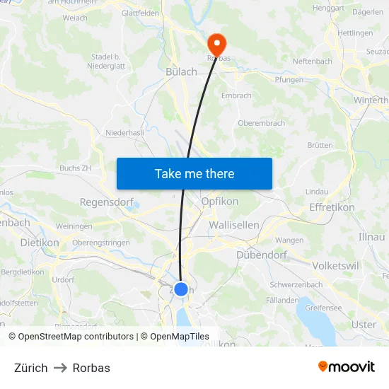 Zürich to Rorbas map