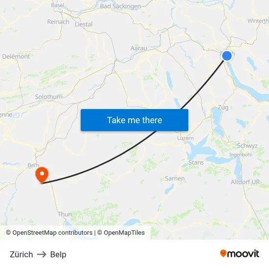 Zürich to Belp map