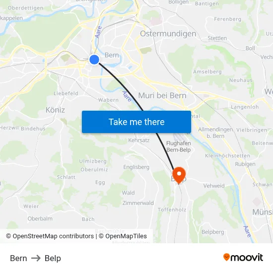 Bern to Belp map