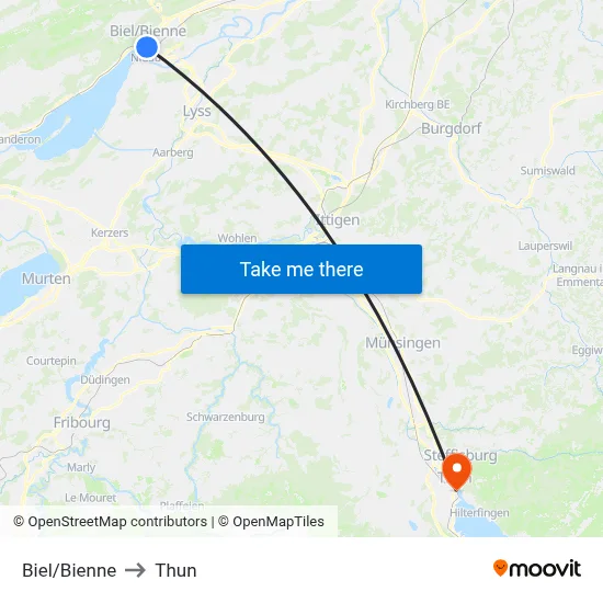 Biel/Bienne to Thun map