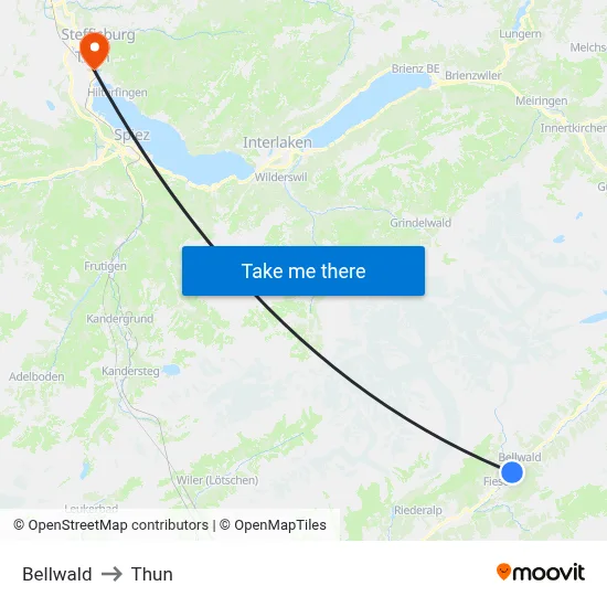Bellwald to Thun map