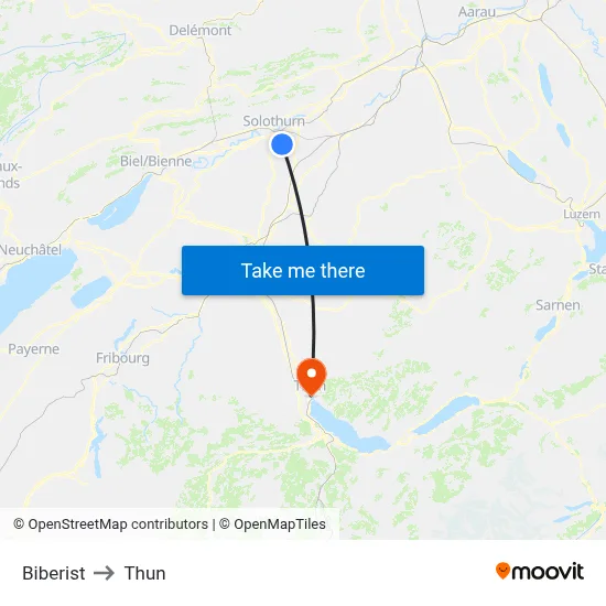 Biberist to Thun map