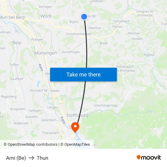 Arni (Be) to Thun map