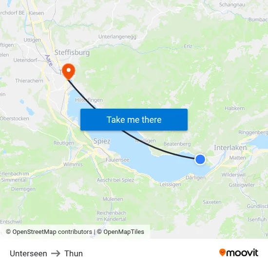 Unterseen to Thun map