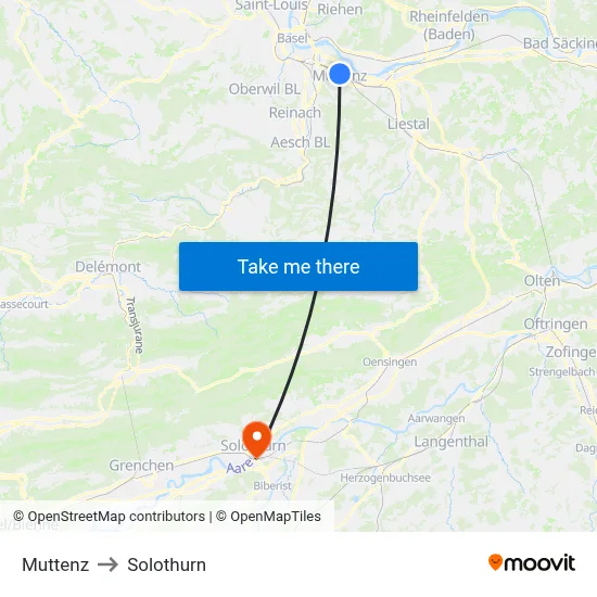 Muttenz to Solothurn map
