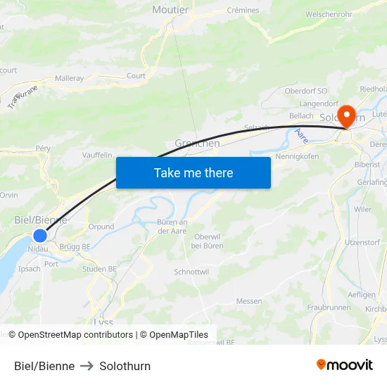 Biel/Bienne to Solothurn map