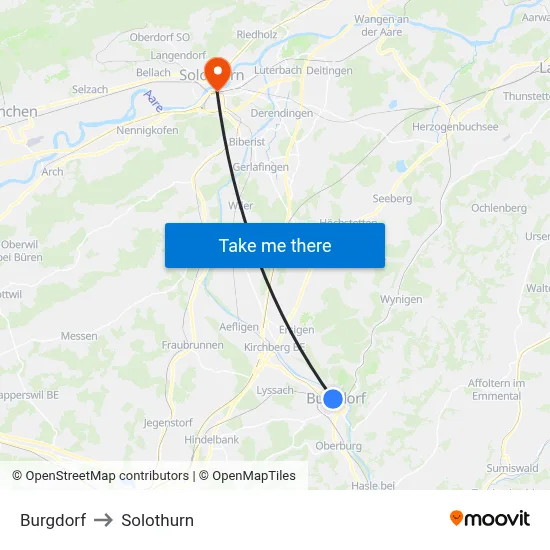Burgdorf to Solothurn map