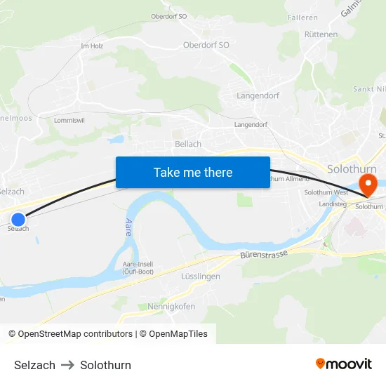 Selzach to Solothurn map