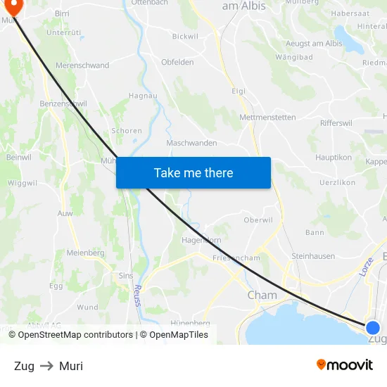Zug to Muri map