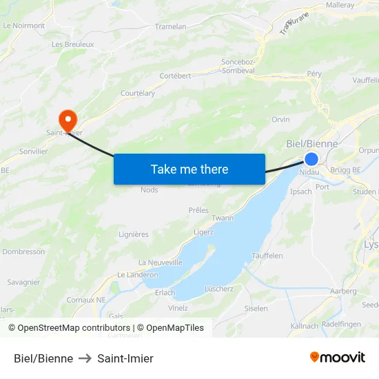 Biel/Bienne to Saint-Imier map
