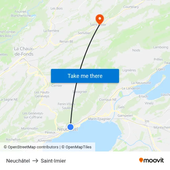 Neuchâtel to Saint-Imier map