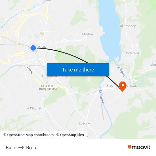 Bulle to Broc map