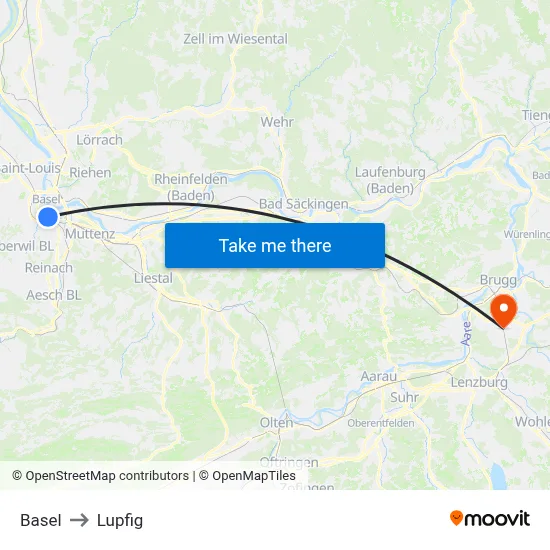 Basel to Lupfig map