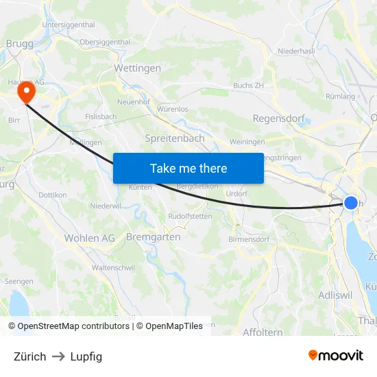 Zürich to Lupfig map