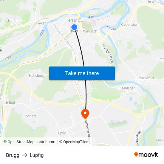 Brugg to Lupfig map