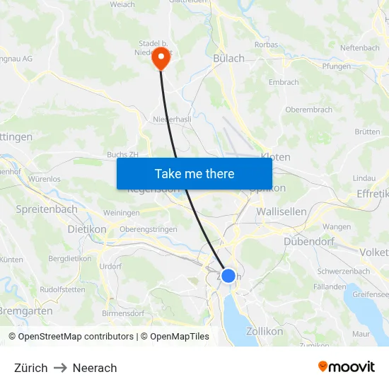 Zürich to Neerach map