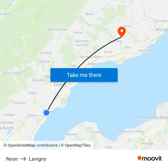 Nyon to Lavigny map