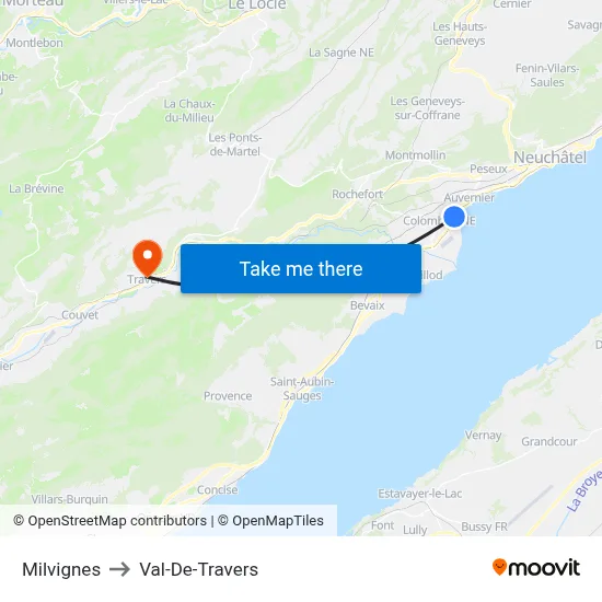 Milvignes to Val-De-Travers map