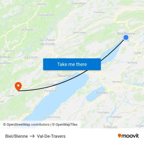 Biel/Bienne to Val-De-Travers map